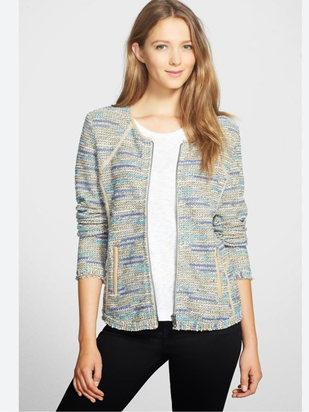 NIC+ZOE NWT Boucle Tweed Jacket Blue Beige Fringe Trim LP